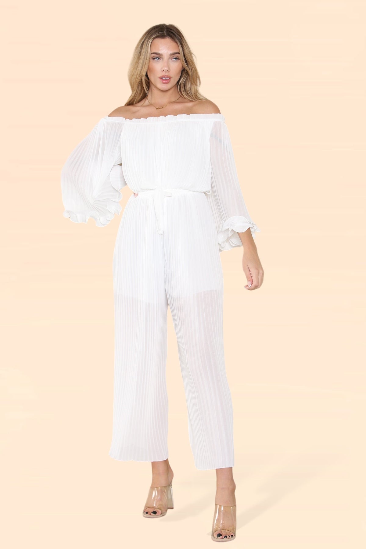 Sofia Bardot Pleated Frill Jumpsuit