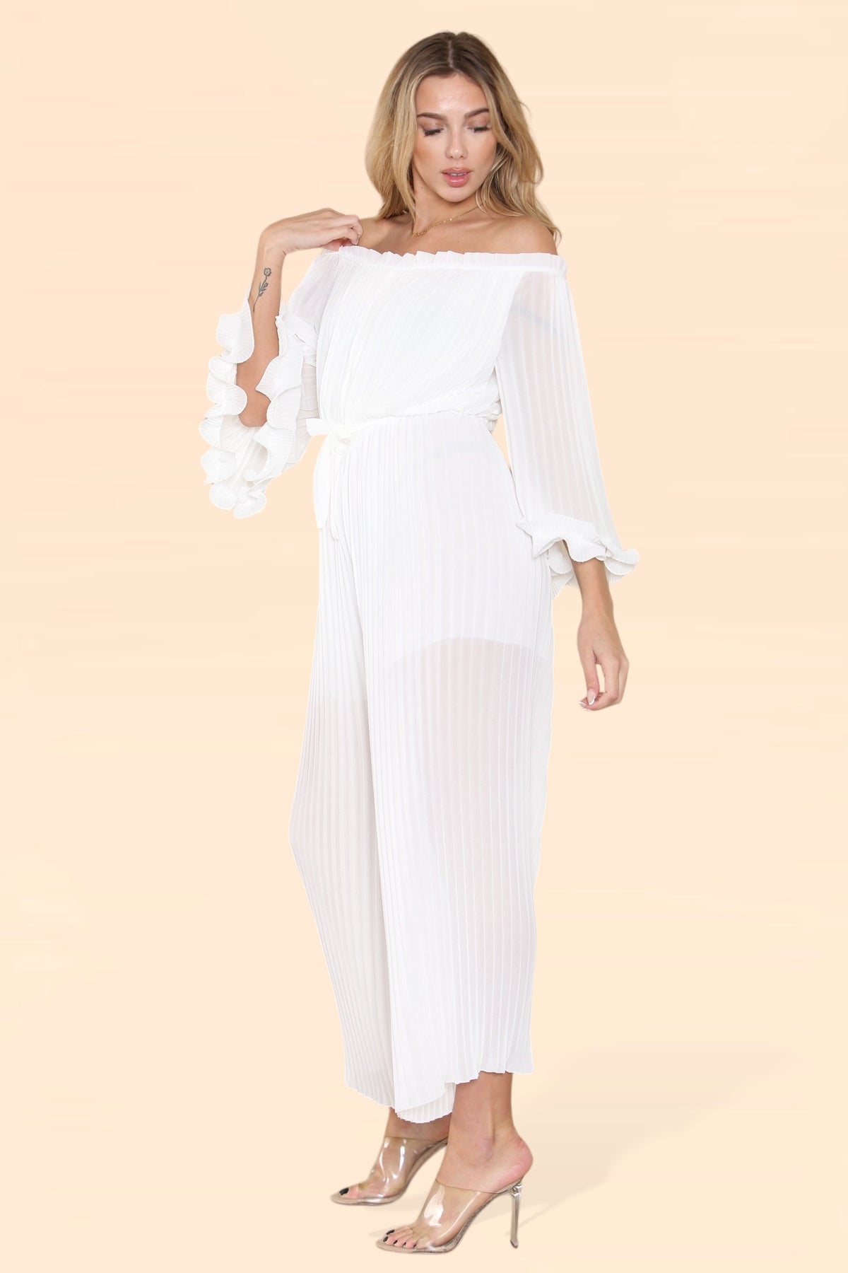 Sofia Bardot Pleated Frill Jumpsuit