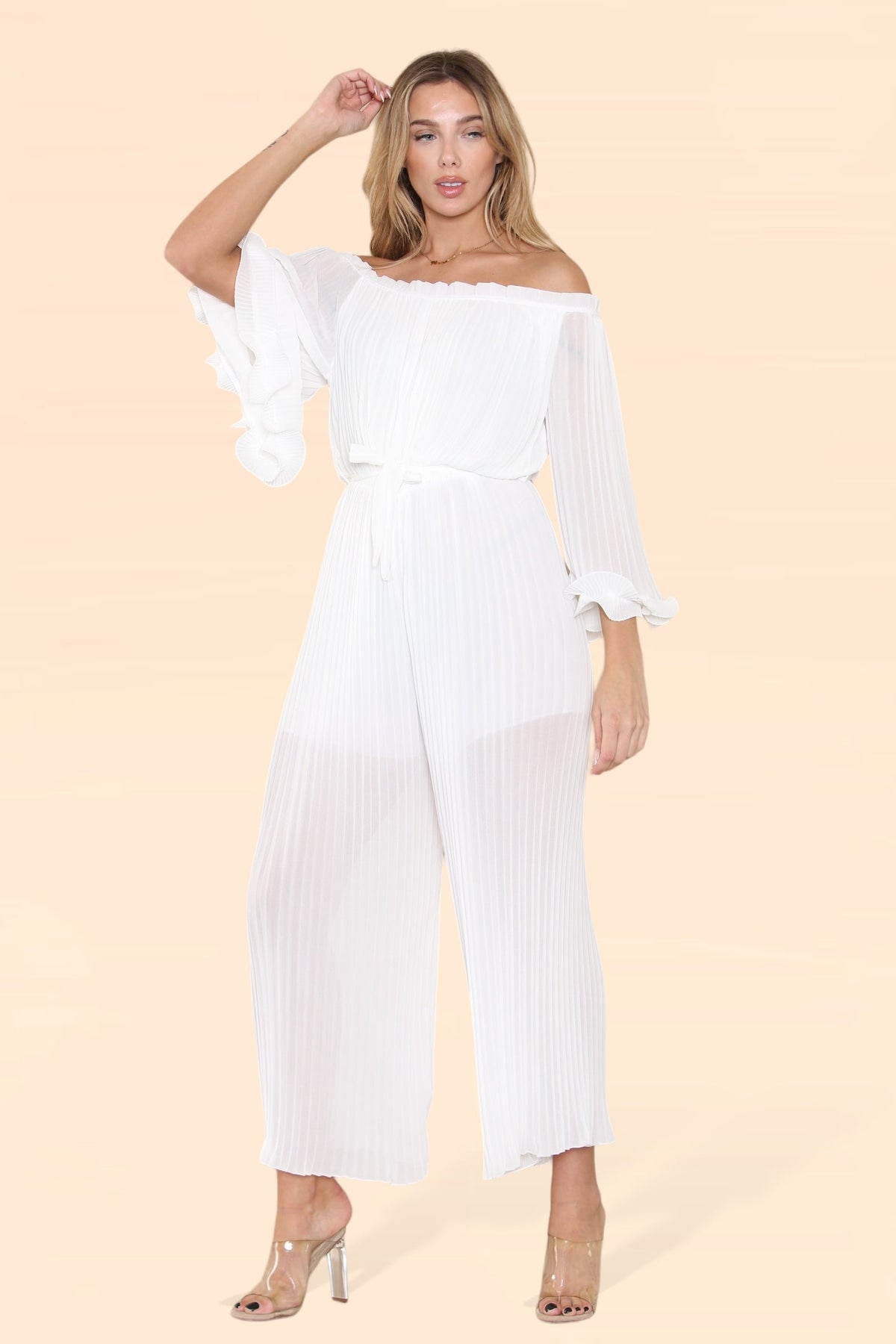Sofia Bardot Pleated Frill Jumpsuit
