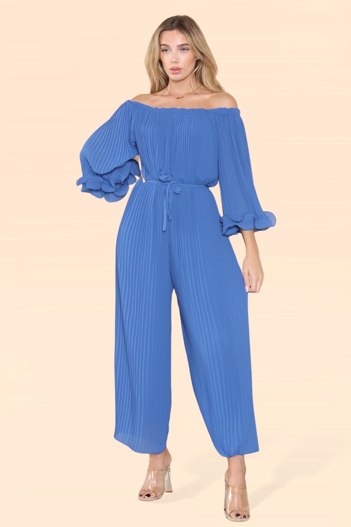 Sofia Bardot Pleated Frill Jumpsuit