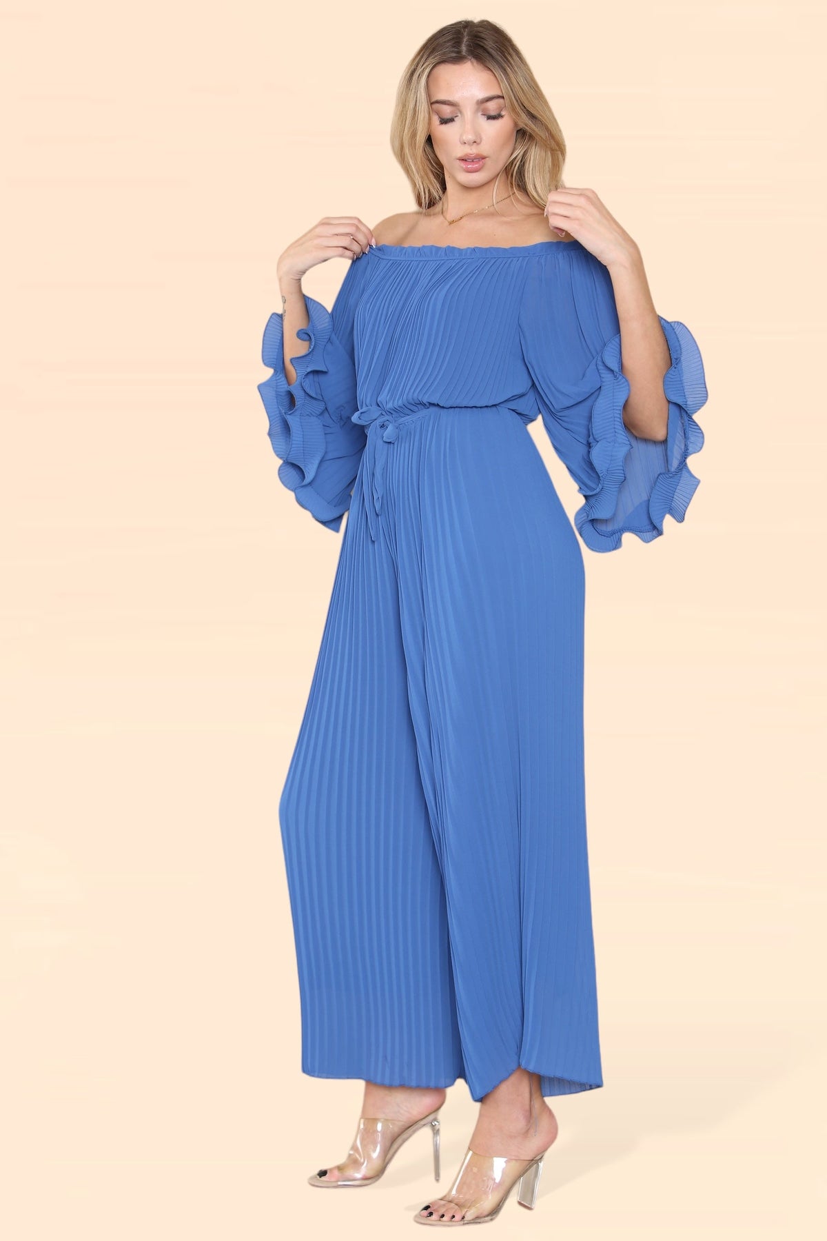 Sofia Bardot Pleated Frill Jumpsuit