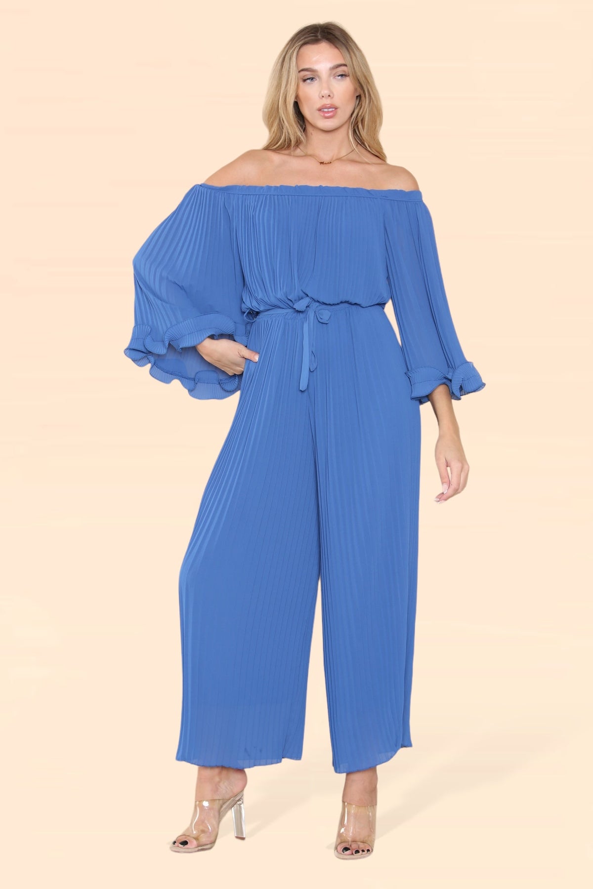 Sofia Bardot Pleated Frill Jumpsuit
