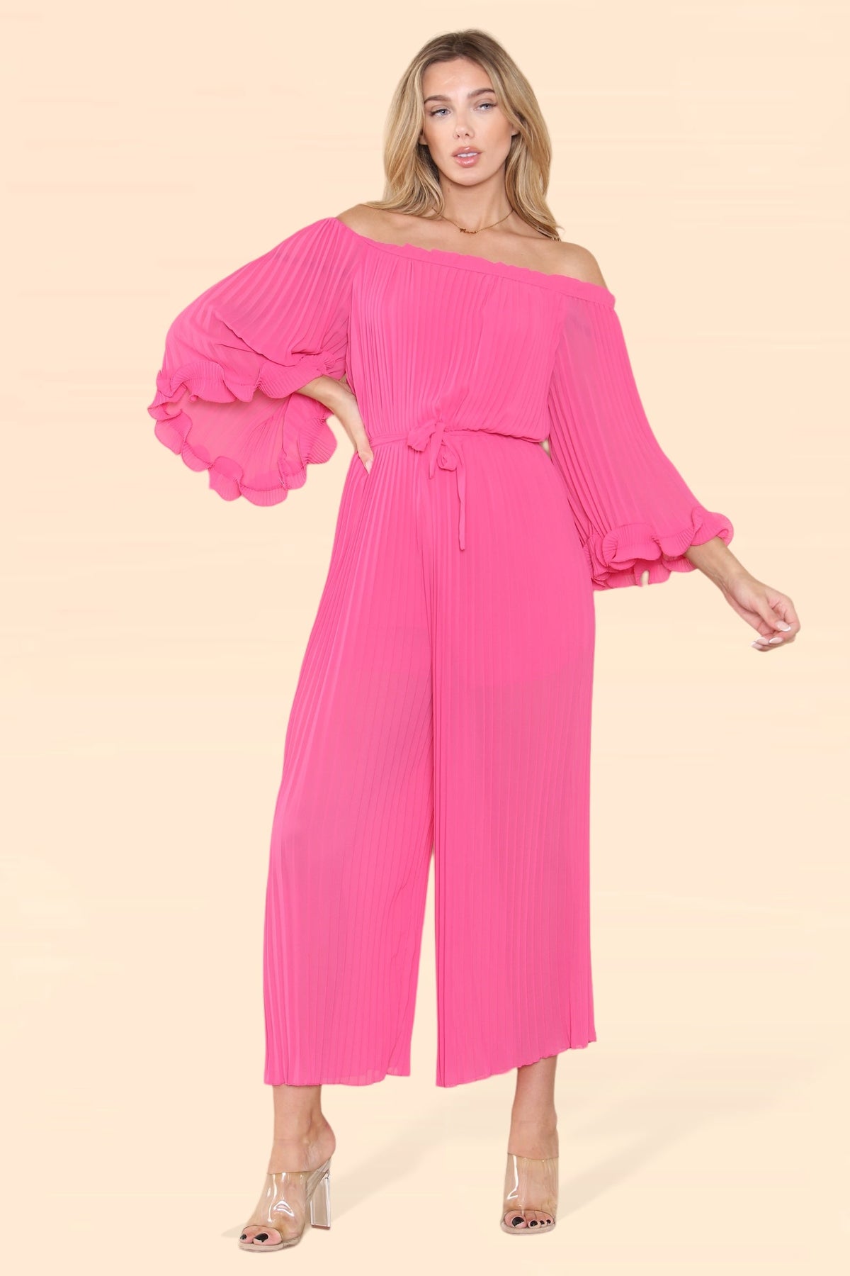 Sofia Bardot Pleated Frill Jumpsuit