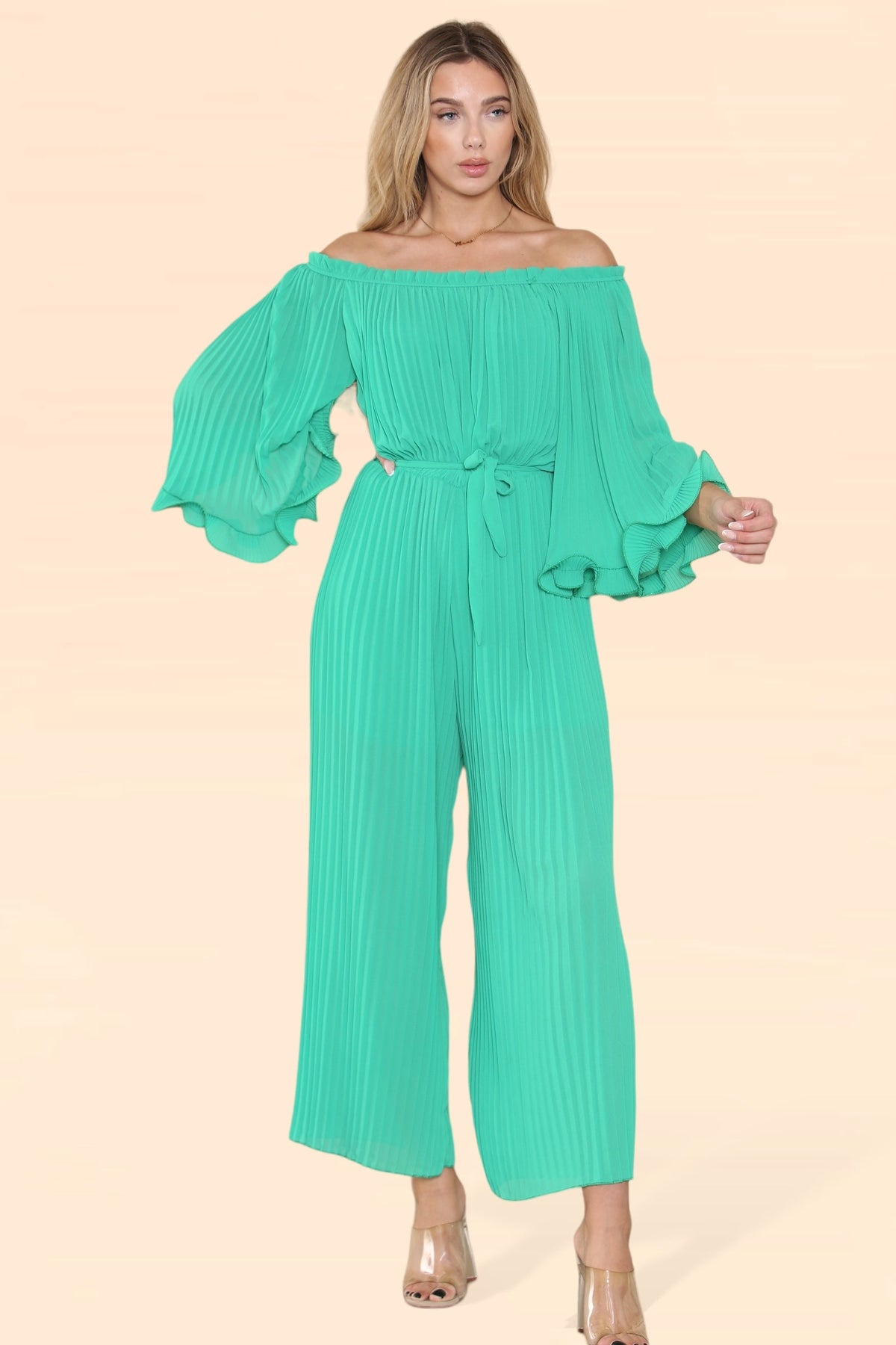 Sofia Bardot Pleated Frill Jumpsuit