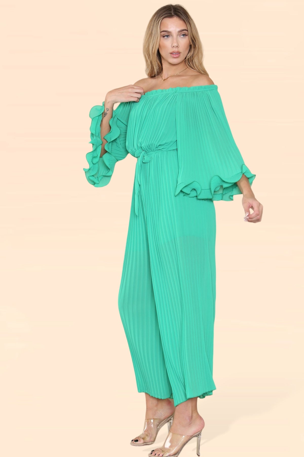 Sofia Bardot Pleated Frill Jumpsuit