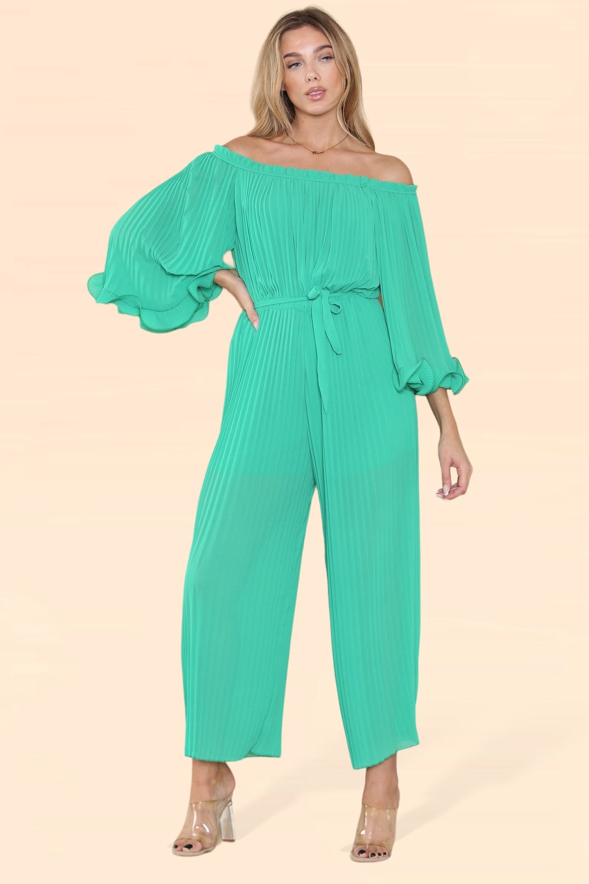 Sofia Bardot Pleated Frill Jumpsuit