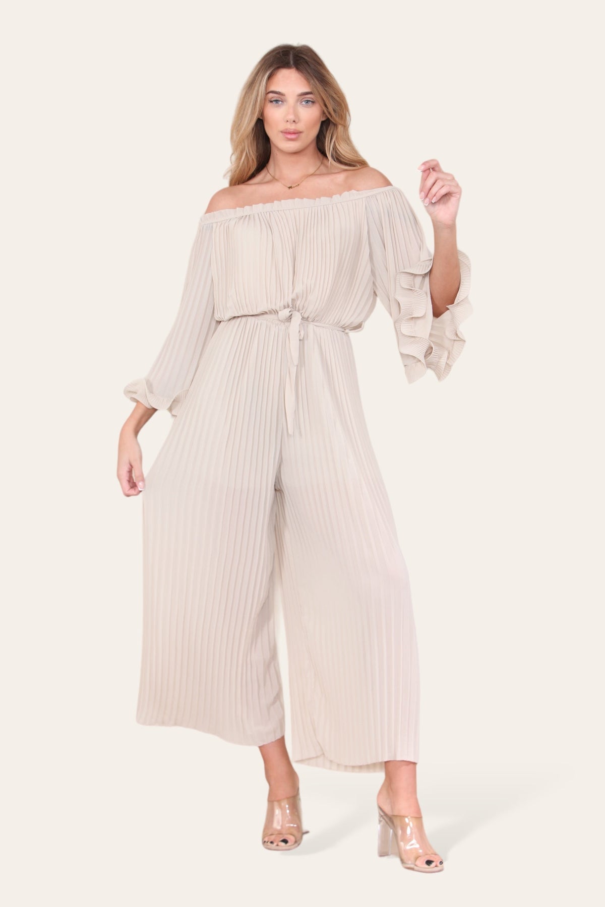 Sofia Bardot Pleated Frill Jumpsuit