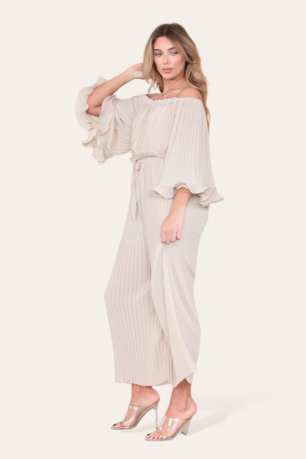 Sofia Bardot Pleated Frill Jumpsuit