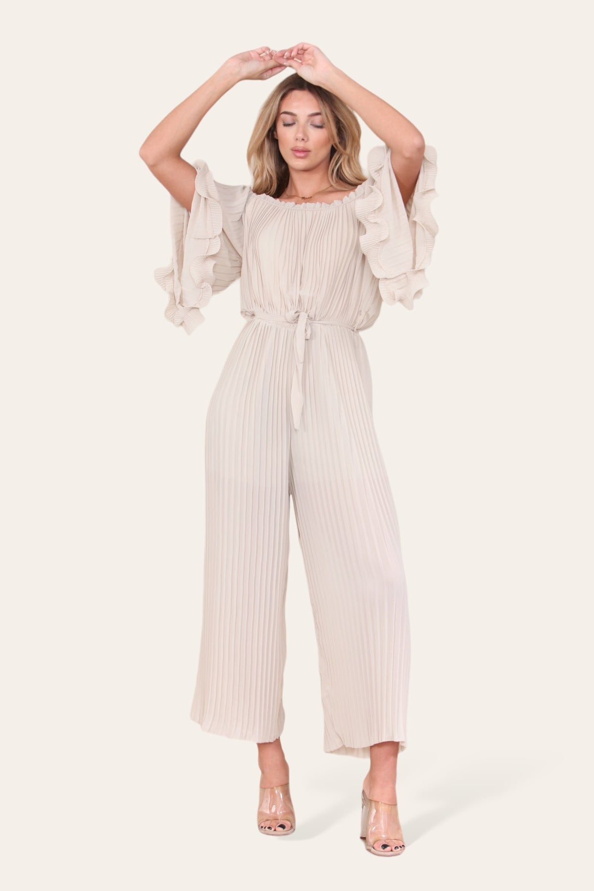 Sofia Bardot Pleated Frill Jumpsuit