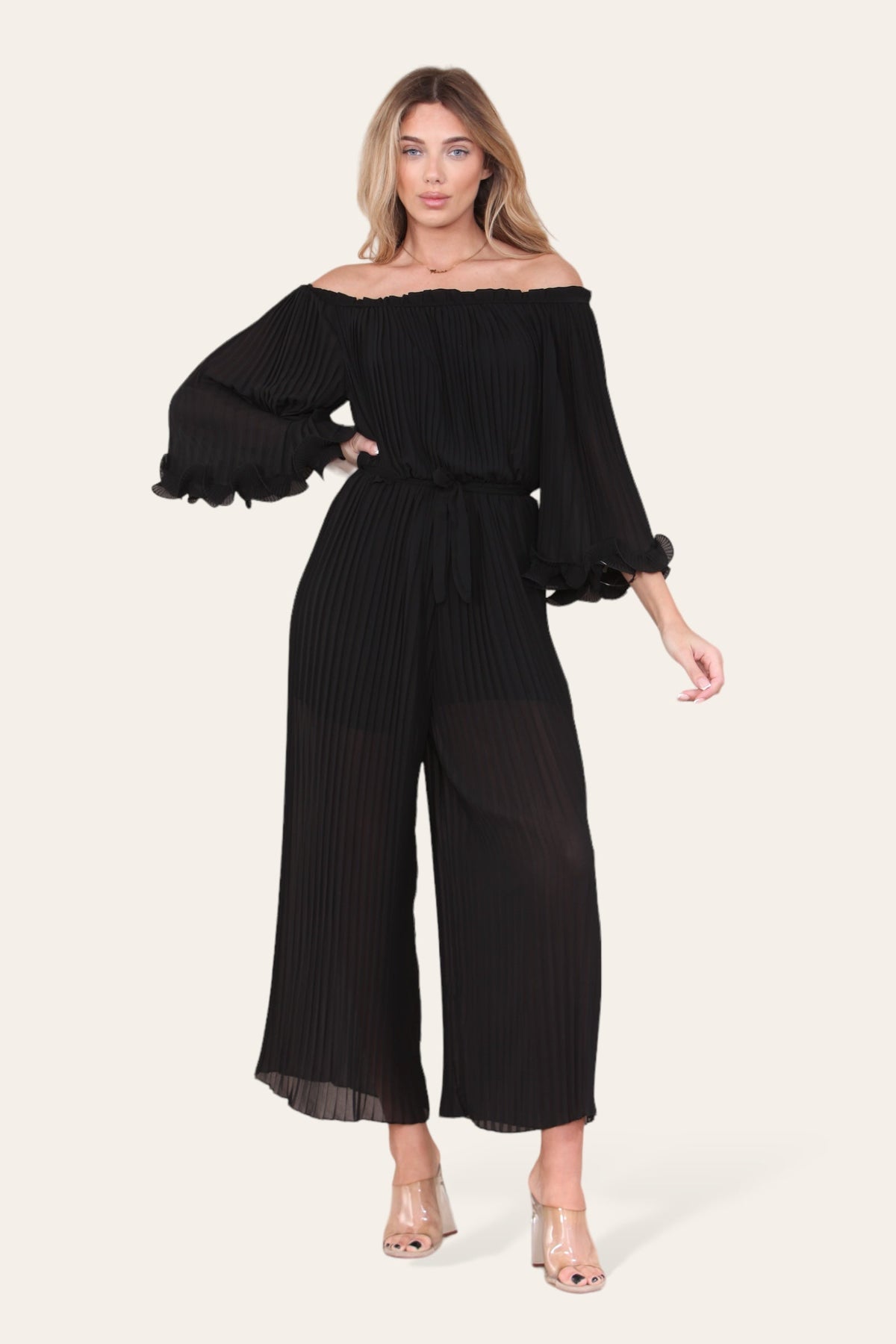 Sofia Bardot Pleated Frill Jumpsuit
