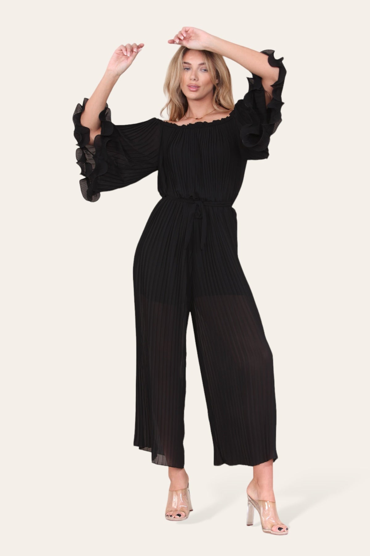 Sofia Bardot Pleated Frill Jumpsuit