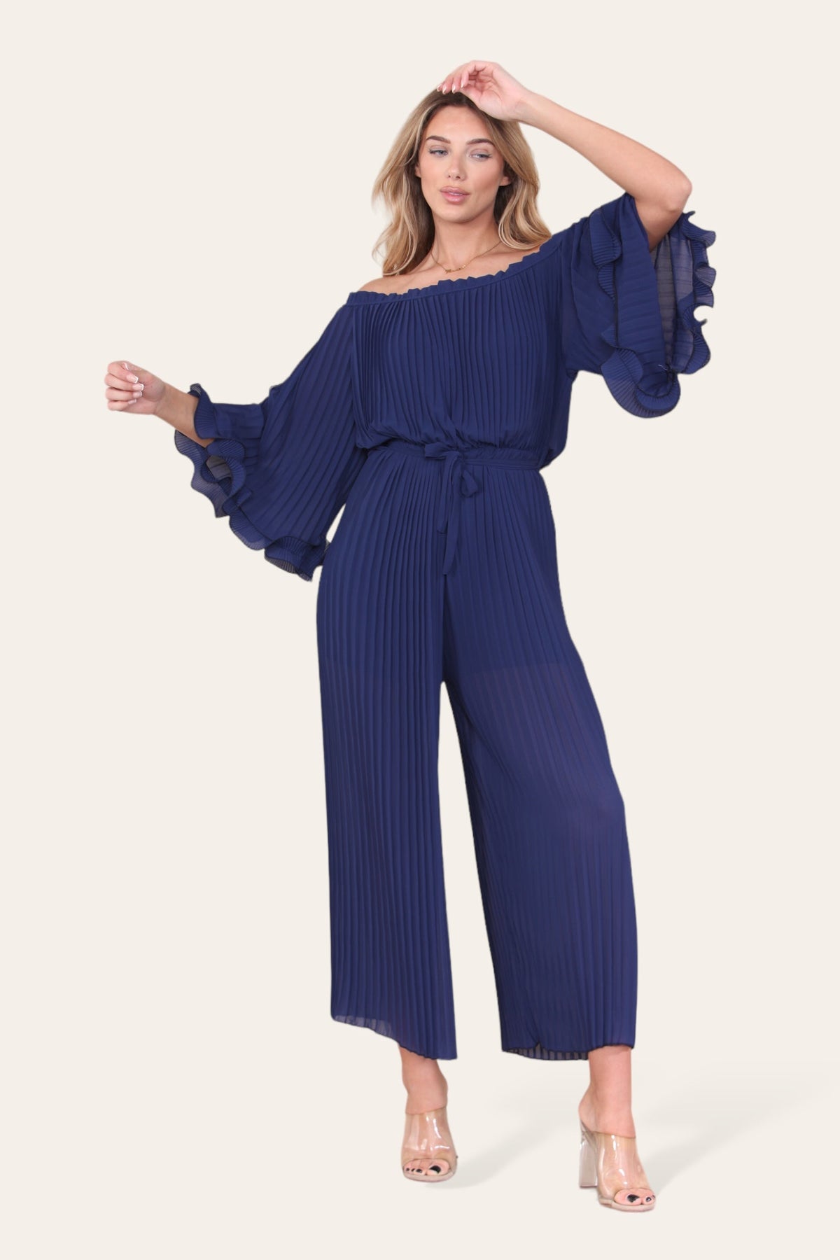 Sofia Bardot Pleated Frill Jumpsuit