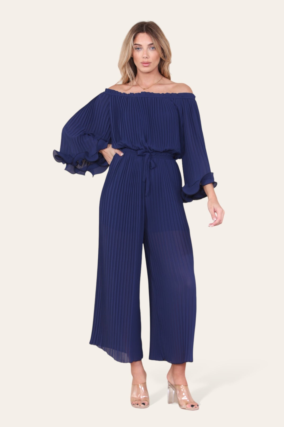 Sofia Bardot Pleated Frill Jumpsuit