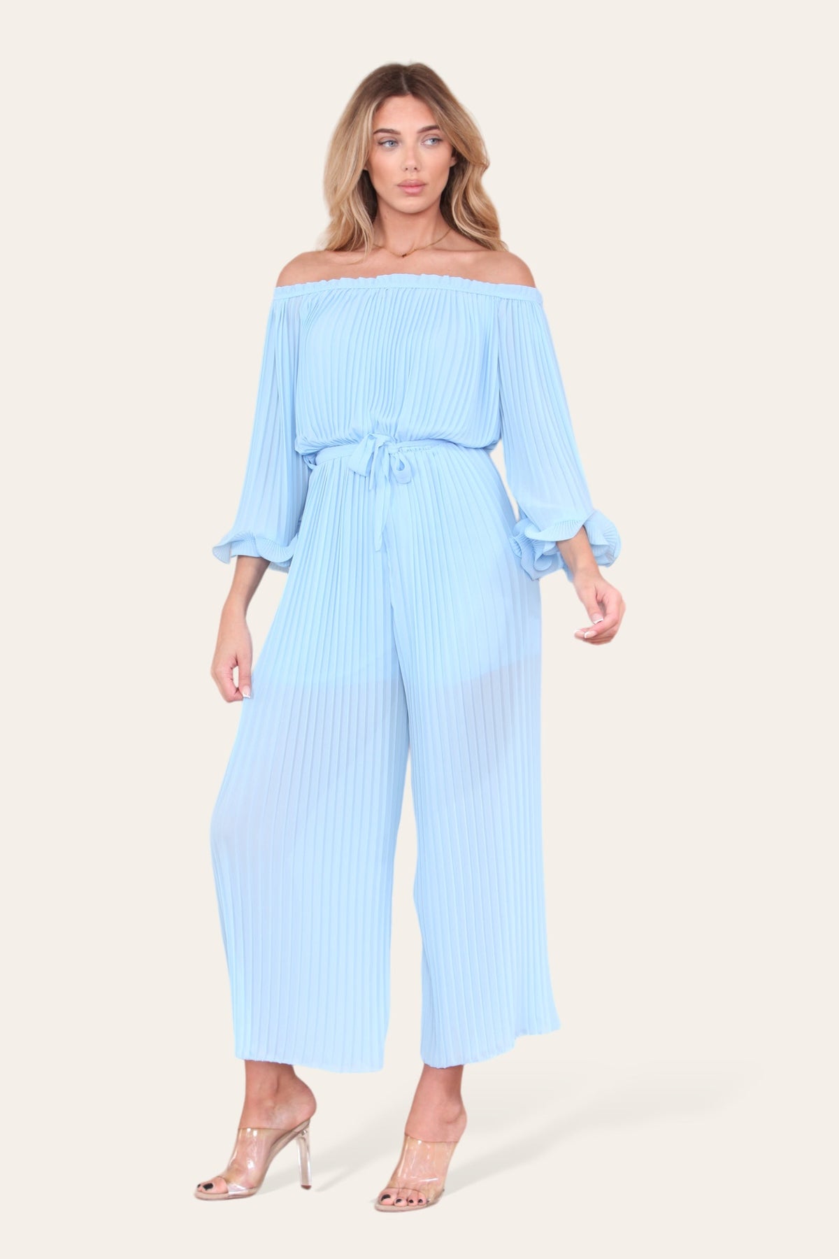Sofia Bardot Pleated Frill Jumpsuit