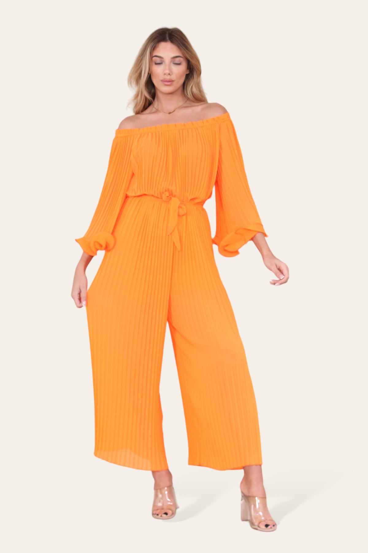 Sofia Bardot Pleated Frill Jumpsuit