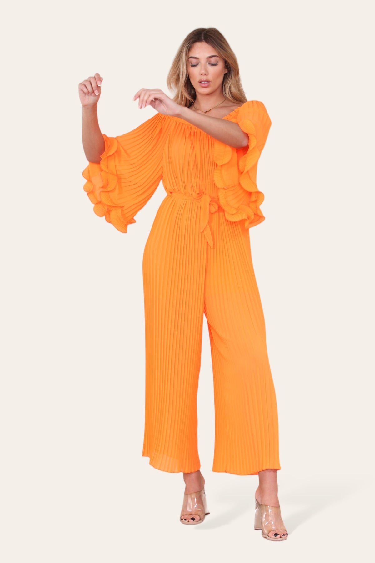 Sofia Bardot Pleated Frill Jumpsuit