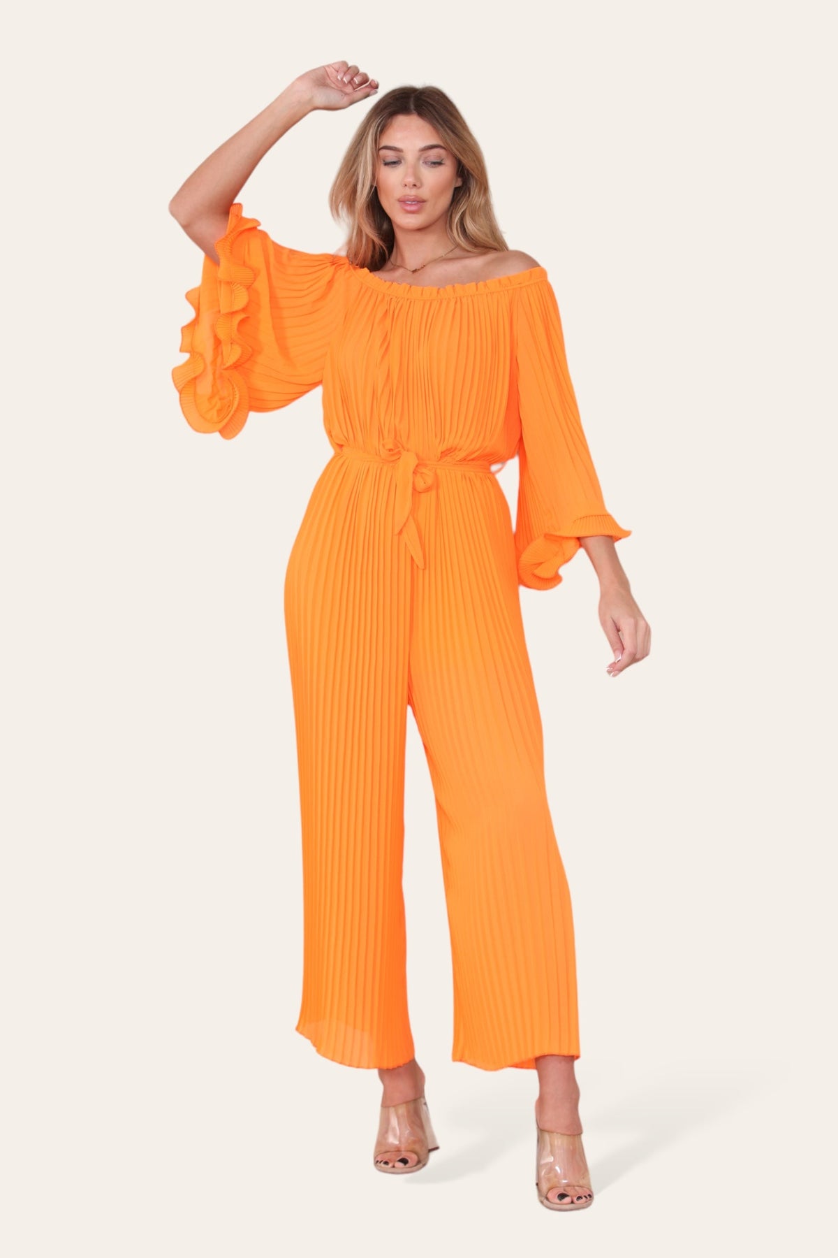 Sofia Bardot Pleated Frill Jumpsuit